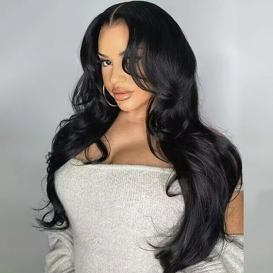 Black lace front wig with Curtain Bangs (Human blend)