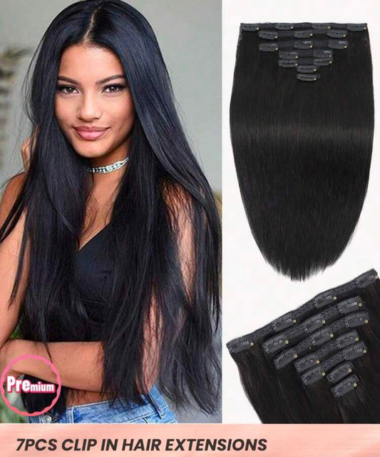 7PCS 100% Real Human Hair Black Clip-In Extensions 16"/18"/22"