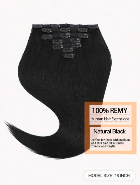 7PCS 100% Real Human Hair Black Clip-In Extensions 16"/18"/22"