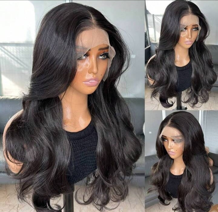 Black lace front wig with Curtain Bangs (Human blend)