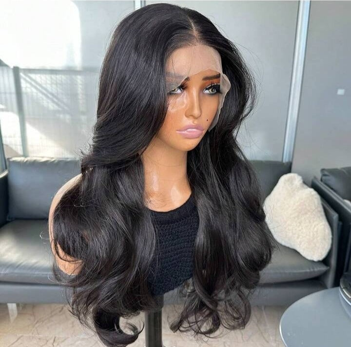 Black lace front wig with Curtain Bangs (Human blend)