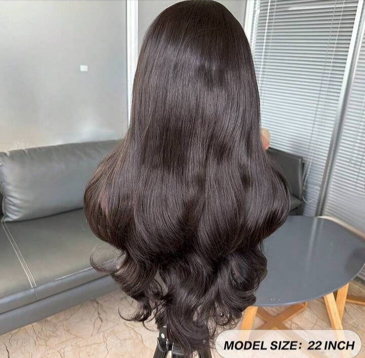 Black lace front wig with Curtain Bangs (Human blend)