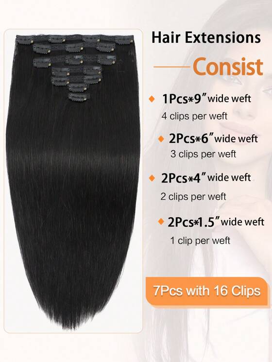 7PCS 100% Real Human Hair Black Clip-In Extensions 16"/18"/22"