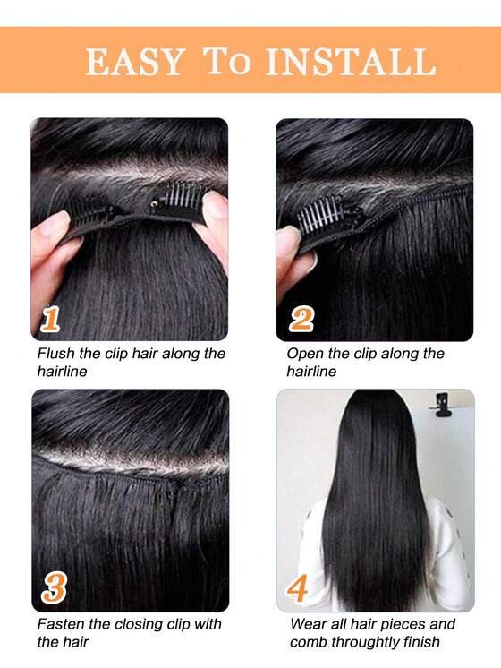 7PCS 100% Real Human Hair Black Clip-In Extensions 16"/18"/22"