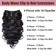 8-Piece Body Wave Clip-In Hair Extensions- 18"/20"/22" Black