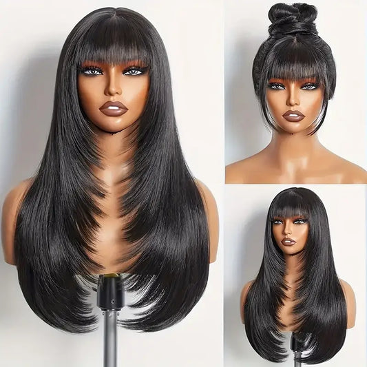 Glueless black wig with bangs