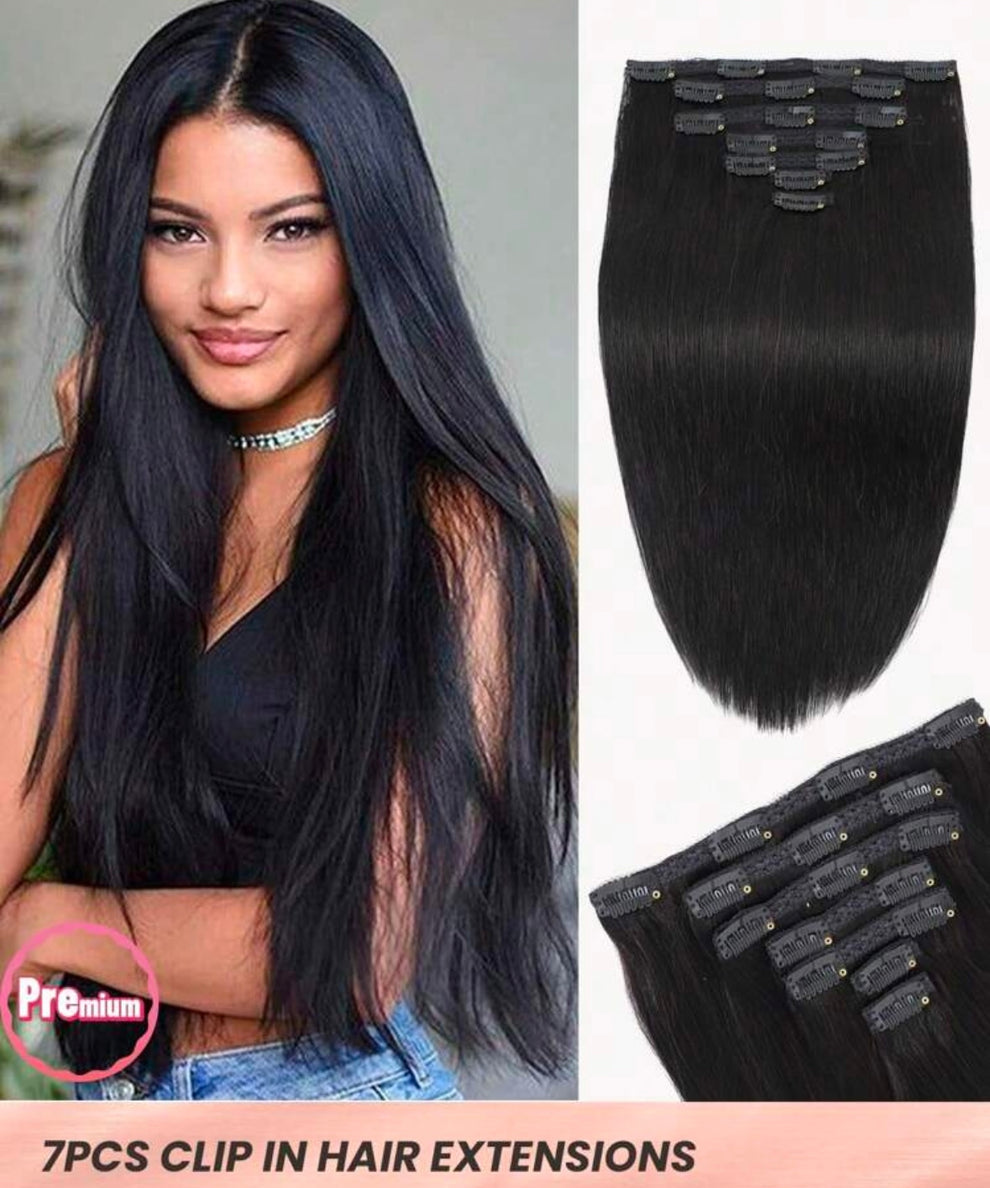 7PCS 100% Real Human Hair Black Clip-In Extensions 16"/18"/22"