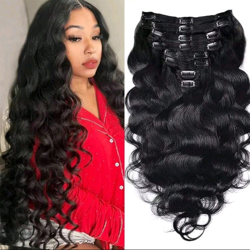8-Piece Body Wave Clip-In Hair Extensions- 18"/20"/22" Black