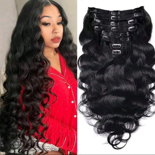 8-Piece Body Wave Clip-In Hair Extensions- 18"/20"/22" Black
